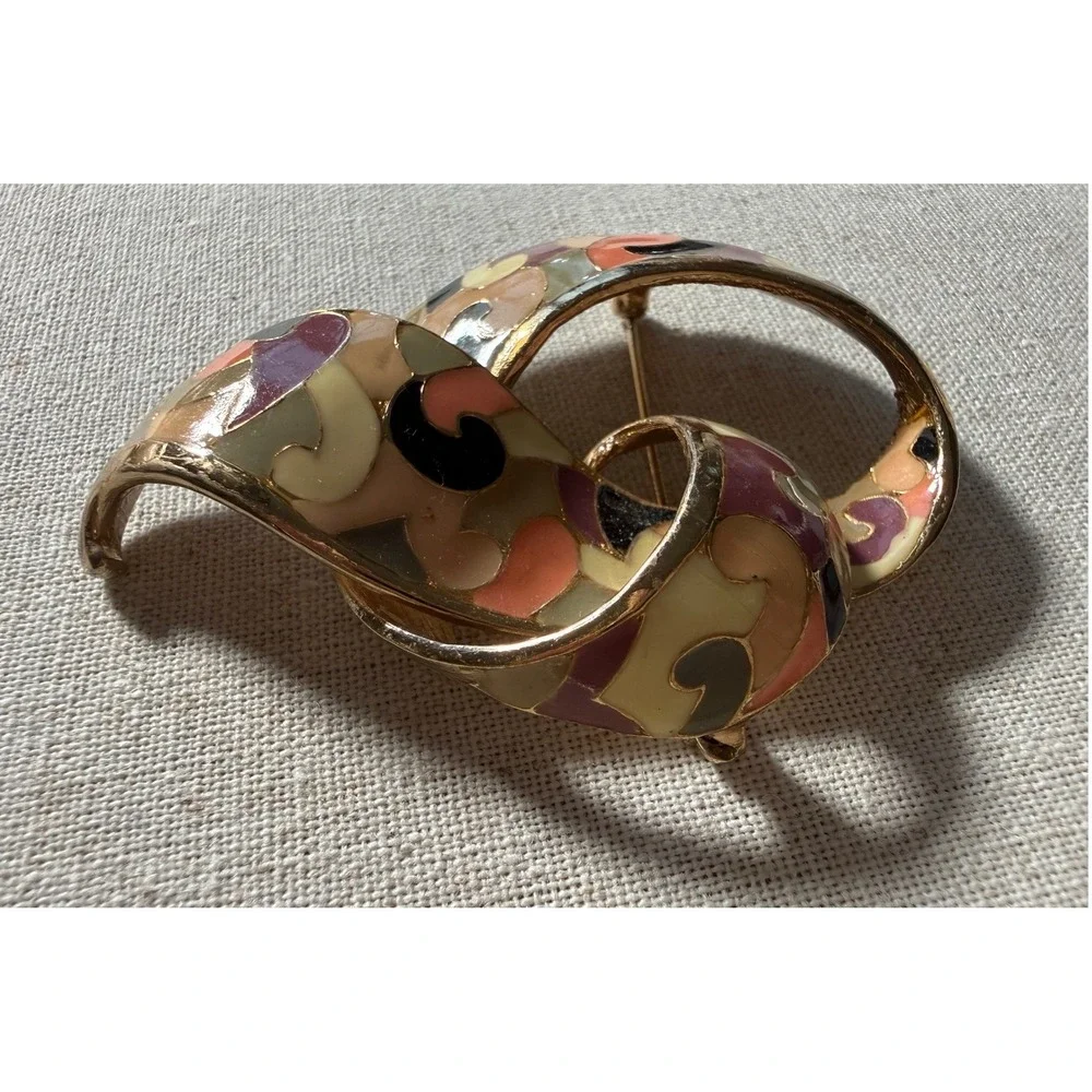 Vintage Eisenberg Artist Season Gold tone‎ Enamel Abstract Ribbon Brooch Pin